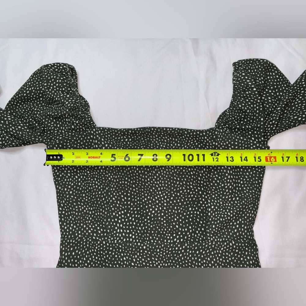 Leith Size M Green & White Square Neck Half Sleeve Boho Spring Mini Dress - Picture 6 of 9